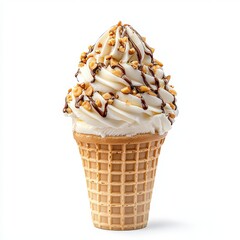 Delicious ice cream cone topped with creamy whipped cream, drizzled chocolate, and crunchy nuts, perfect for a sweet treat.