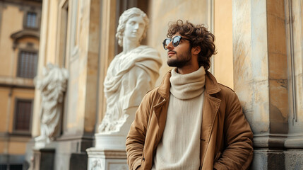 Stylishly contemplative man enjoys the architectural beauty of a historic plaza under soft afternoon light