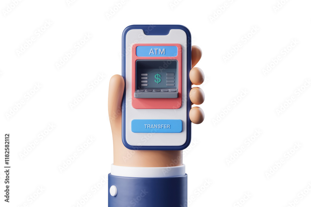 Poster mobile banking app with atm interface, allowing for easy money transfer. background removed