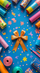 Obraz premium A flat lay of a golden ribbon placed on a table alongside drawings and crafts made by children, vibrant colors and a caring, creative atmosphere