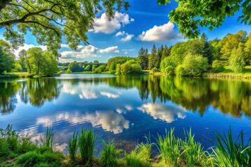 Fototapeta premium Serene lake reflecting blue sky, lush green trees, and fluffy clouds.