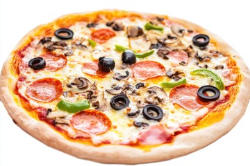 A classic pepperoni pizza topped with mushrooms and olives, perfect for a quick dinner or snack
