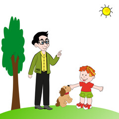 Fototapeta premium Paisaje con niño feliz, su padre y su perro.