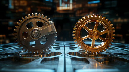 Market volatility concept. gold and silver gears mechanism with inscriptions market and volatility. 3d rendering. Velvetlight. Illustration