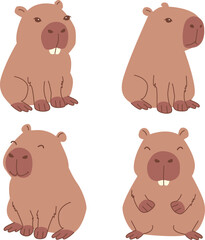 Set of funny capybaras in cartoon style isolated on white background. Vector collection of funny capybaras in flat design.