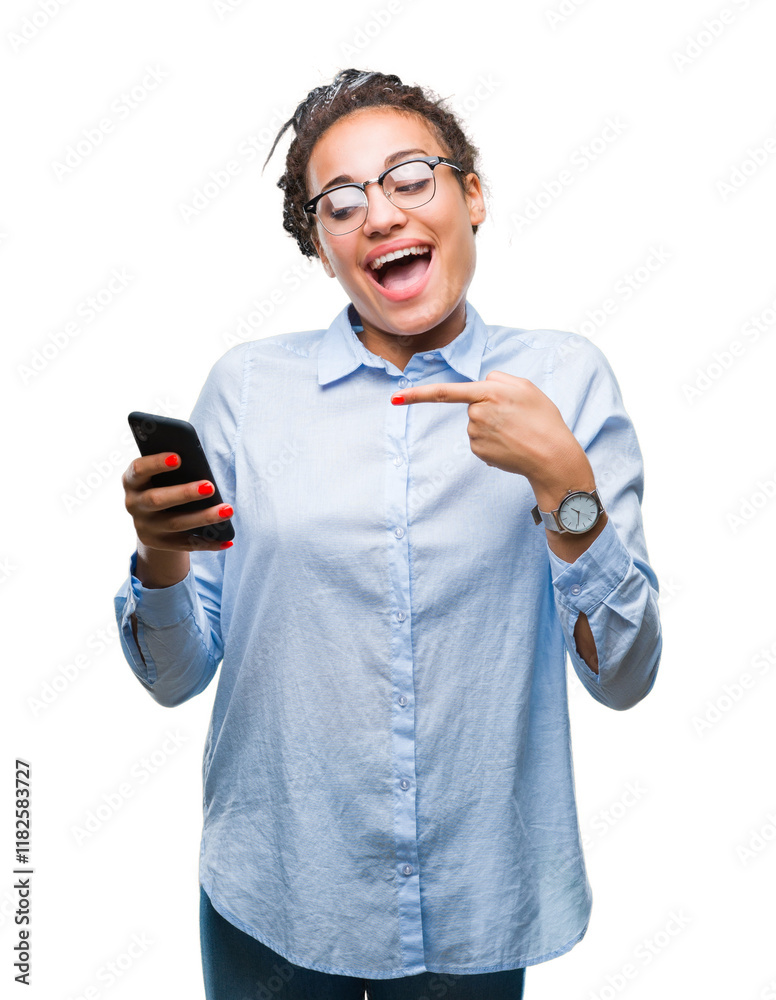 Canvas Prints Young braided hair african american business girl using smartphone over isolated background very happy pointing with hand and finger