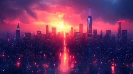 Vibrant Cityscape Sunset Skyline Reflections