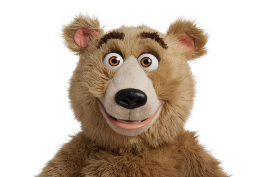 A cheerful brown bear with expressive eyes and a friendly smile, a plush toy. background removed