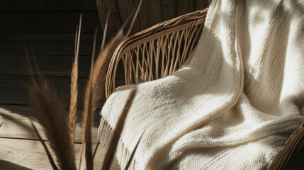 A Luxurious Knitted Throw Blanket on a Stylish Rattan Chair, Perfect for a Cozy Home Decor