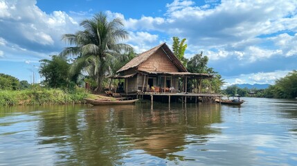 Naklejka premium Tranquil River House in a Lush Landscape