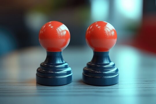 Close-up of two red knobs on a table surface