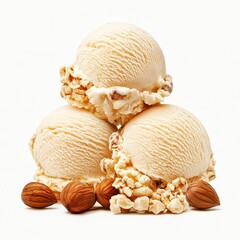 Delicious Hazelnut ice cream scoops adorned with popcorn and almonds, a perfect treat that combines sweet and savory flavors.
