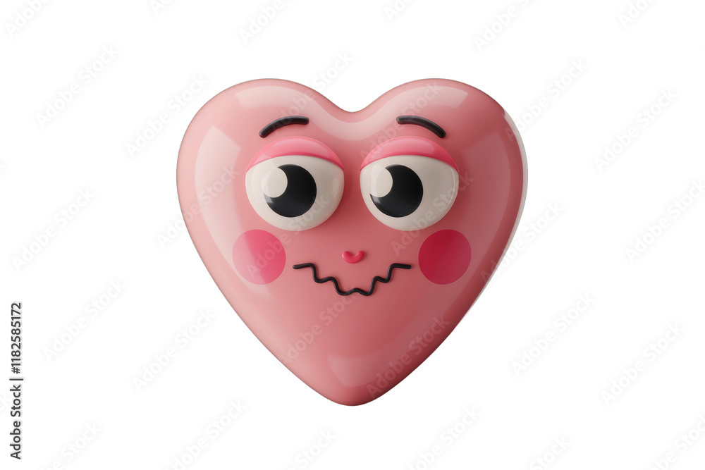 Poster a pink heart-shaped emoticon with a worried expression, 3d rendered on transparent background. backg