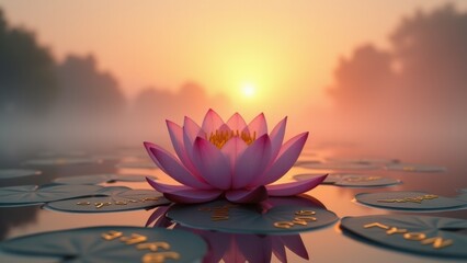 Buddhism, Four noble truths, Minimalist photo of a lotus in water with golden inscriptions of the truths against a sunset background, soft pastel tones.
