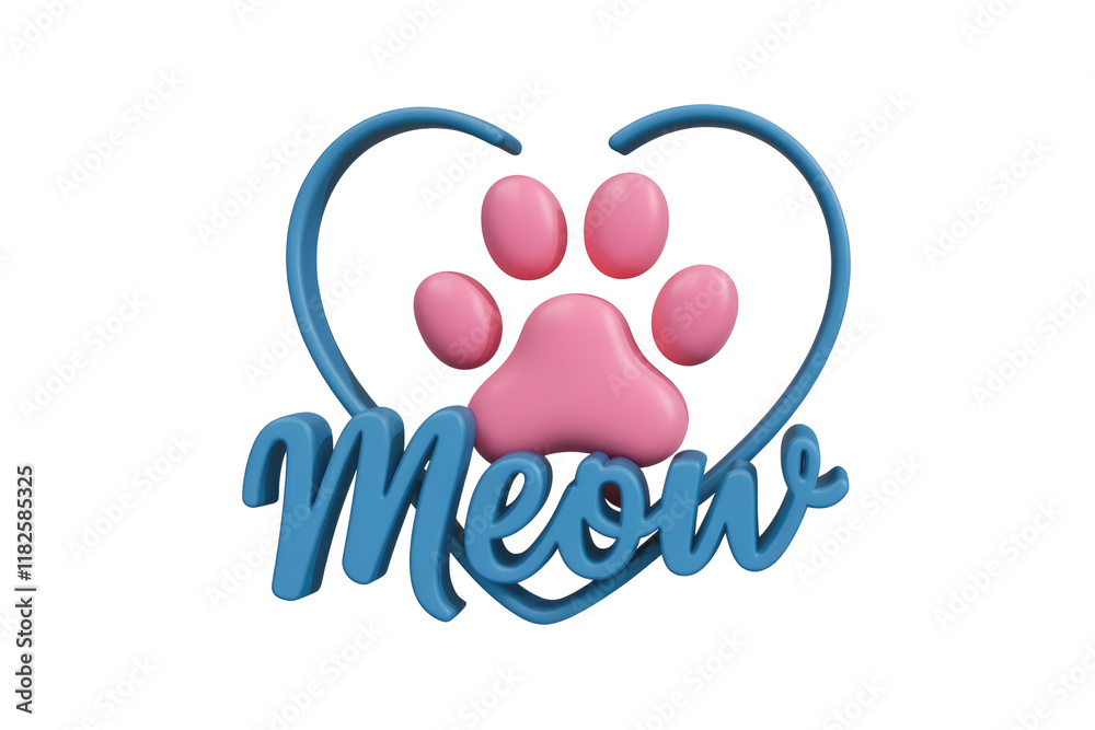 Poster 3d render of a pink paw print inside a blue heart with the word meow. background removed