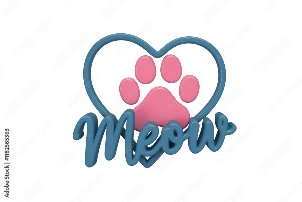 Aufkleber 3D render of a paw print inside a heart with 'Meow' text, representing pet love. background removed