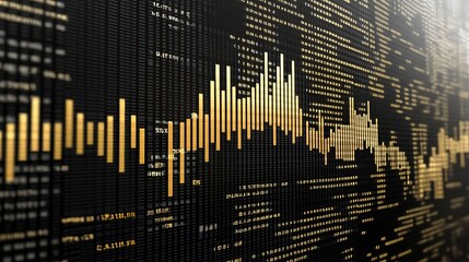 Gold and black digital data visualization with financial graphs and numbers