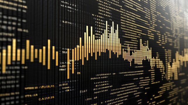 Gold and black digital data visualization with financial graphs and numbers
