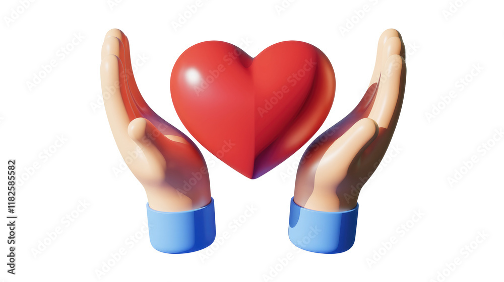 Poster 3d render of two hands gently cradling a large, red heart. background removed