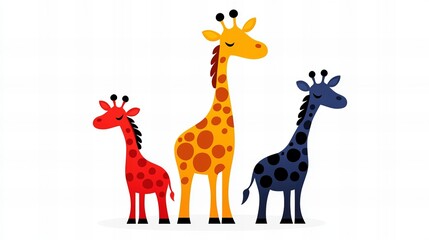Obraz premium Three cartoon giraffes, red, orange, and blue, stand side by side against a white background. A cute illustration!