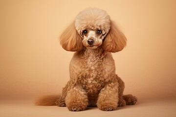 Small, fluffy toy poodle sitting and posing on a beige backdrop in a professional studio setting