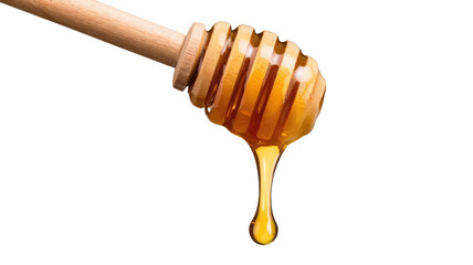 Honey dripping from a wooden honey dipper, isolated on white background. background removed
