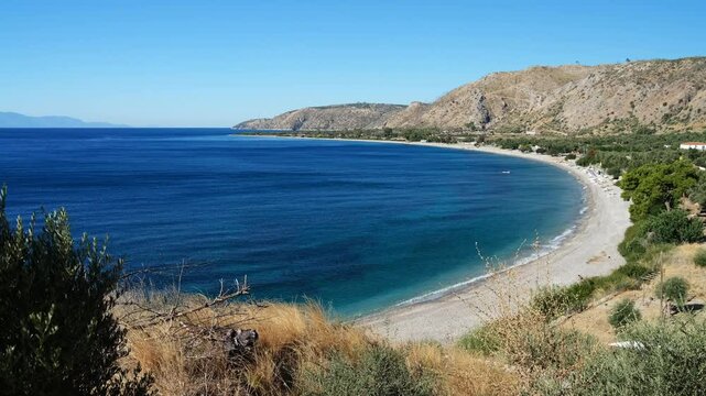 View of Geren beach from the hill. Aegean coast. Turkey holidays and travel. Bozalan locality, Milas district, Mugla city, Turkey country - 4k video 