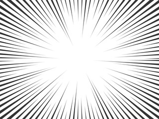 Radial lines Comic Background. Abstract speed explosion sunbeam starburst Flash backdrop. Sun Rays Black and white illustration