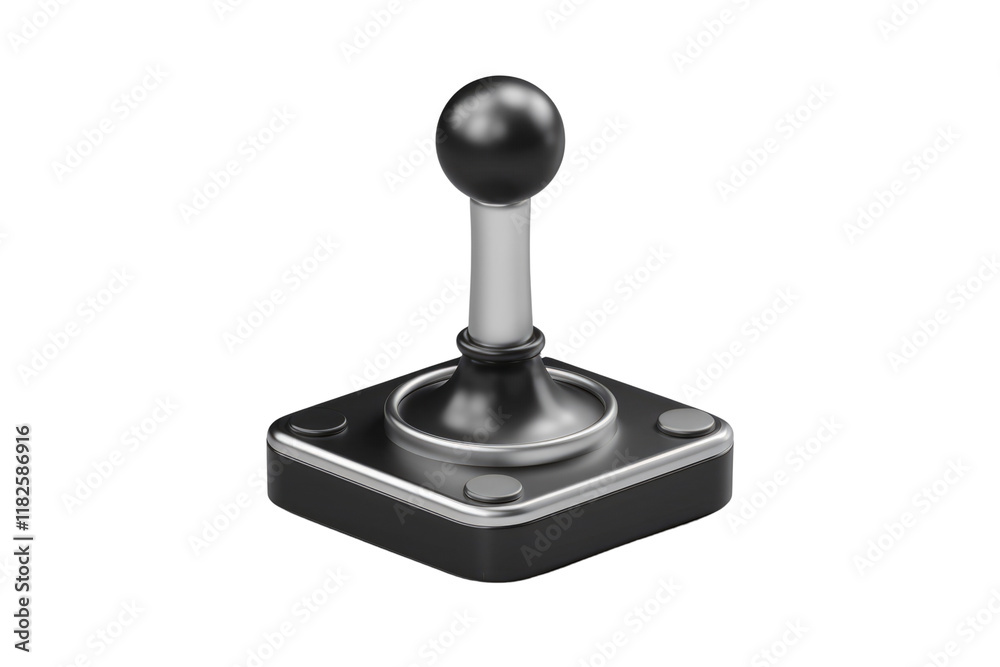 Poster a retro-style joystick, black and silver, isolated on a light grey background. perfect for gaming. b