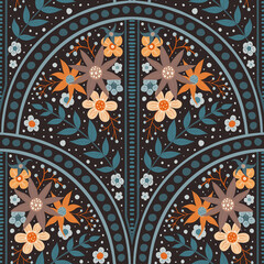 Seamless Scallop design with alpine abstact flowers surrounded by graphic arcades in warm tones -boho