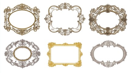 Set of four ornate frames on a white background, ideal for design and decoration projects