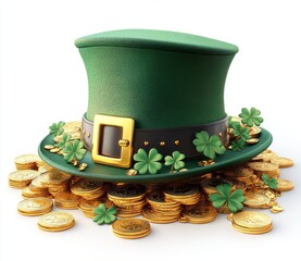 Green leprechaun hat with gold coins and shamrocks celebrating st. patrick's day