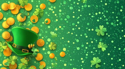Festive leprechaun hat and gold coins on green background with clovers