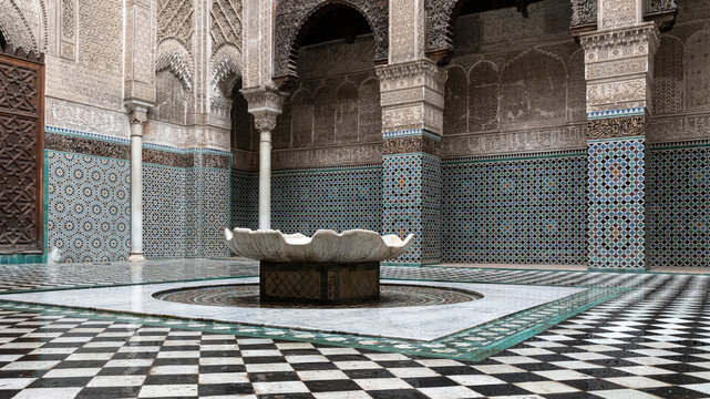 Africa, Morocco, Fes. Courtyard of Al Attarine Madrasa..