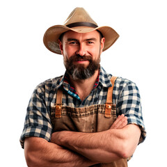 Caucasian farmer in a hat, isolated on transparent background. PNG element.