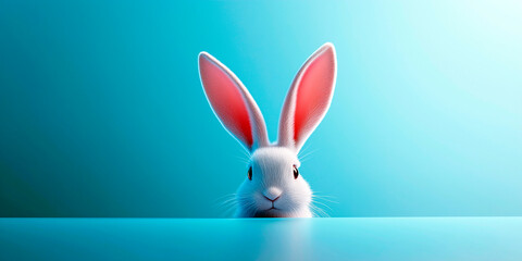 Fototapeta premium White bunny with large pink ears peeking over a turquoise surface against a gradient background