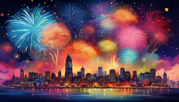 colorful fireworks exploding over night cityscape