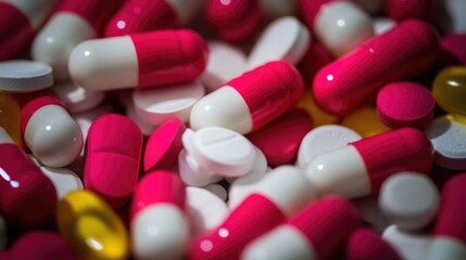 A close-up shot of variously colored pills on a flat surface