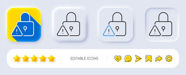Lock line icon. Neumorphic, Flat shadow, 3d buttons. Padlock warning sign. Security access symbol. Line lock icon. Social media icons. Vector