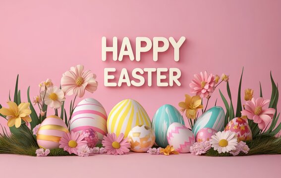 Colorful easter eggs and flowers on pink background celebrating spring - Powered by Adobe