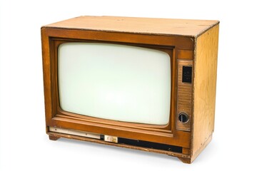 An old-fashioned television with a blank white screen, ready for vintage-style broadcasting or...