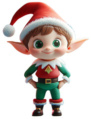 Cute 3D plastic Santa's helper elf character. Isolated 3D object. Christmas realistic rendered toy.