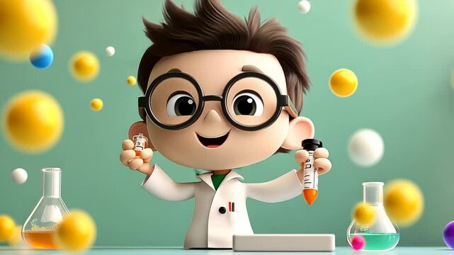 Colorful Cartoon Boy Doctor Character in Glasses Smiling Fun Science Illustration