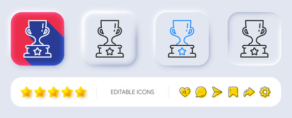 Winner cup line icon. Neumorphic, Flat shadow, 3d buttons. Award trophy sign. Best achievement symbol. Line winner cup icon. Social media icons. Vector