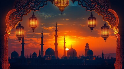 Silhouette of mosque domes and minarets forming a decorative border with glowing lanterns 