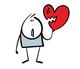 Stickman holds a red heart in  hand. Vector illustration of a funny monster showing teeth and threatening to destroy love. Isolated cartoon character on white background.