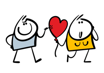 Man chases a woman, bullies her and pierces heart-shaped balloon with a needle. Vector illustration of the destruction of love. Isolated cartoon person on white background.