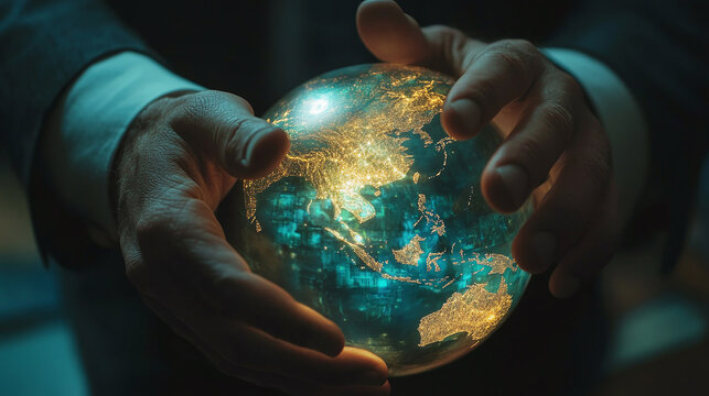 Businessman touching the location on digital planet earth globe sphere world map hologram. company global network team.