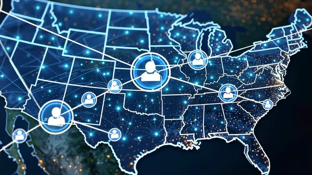 United States Network Map: A futuristic digital map of the USA, illuminated by a network of glowing connections representing people across the country.  The image symbolizes connectivity.