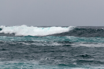 A teal or turquoise colored rip curl of a wave crashing on shore. The dangerous ocean swell has white foam and a water spray. There's a break in the center of the stormy surf with foam on both sides.